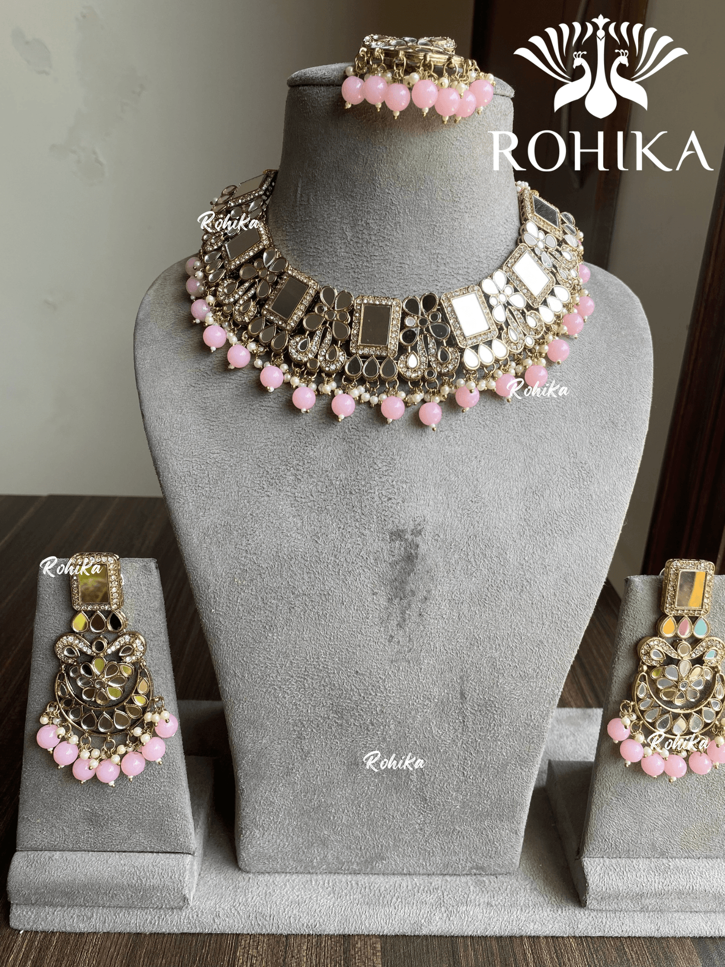 Anju mirror necklace set - Pink - Rohika Store