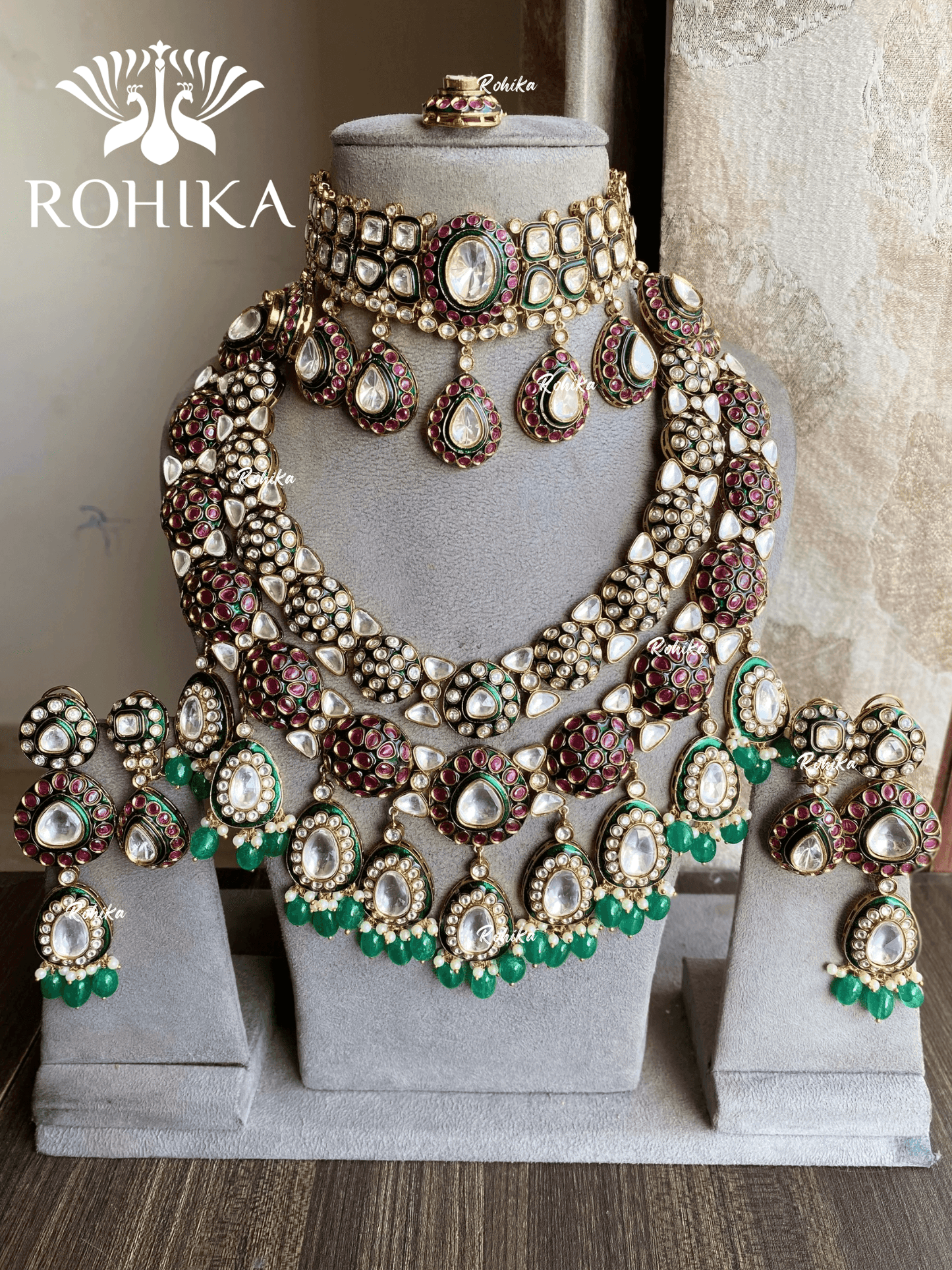 Vajasi bikaneri polki kundan bridal combo set - Dark Green & pink - Rohika Store