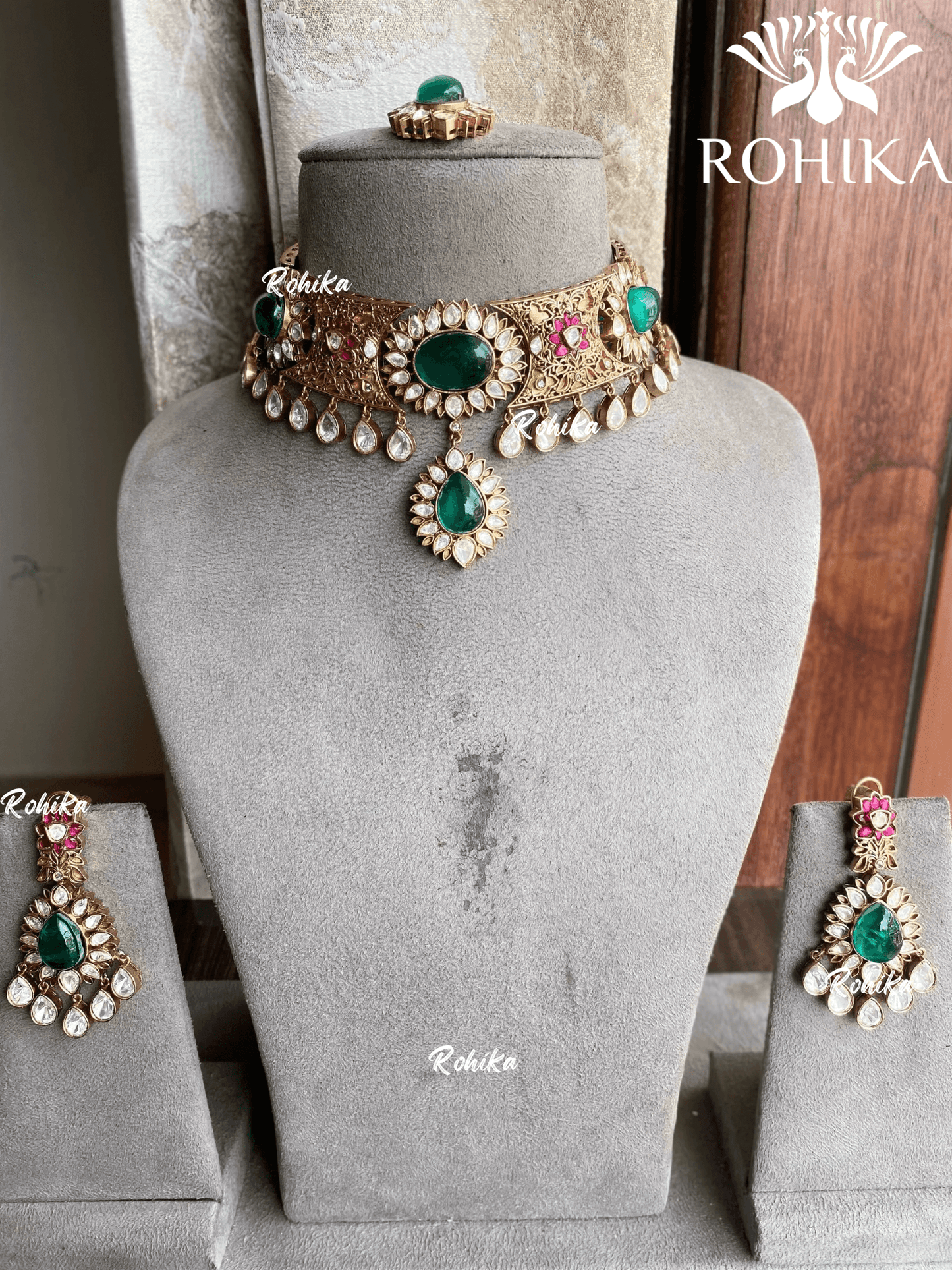 Shruti moisanite choker set - Green - Rohika Store