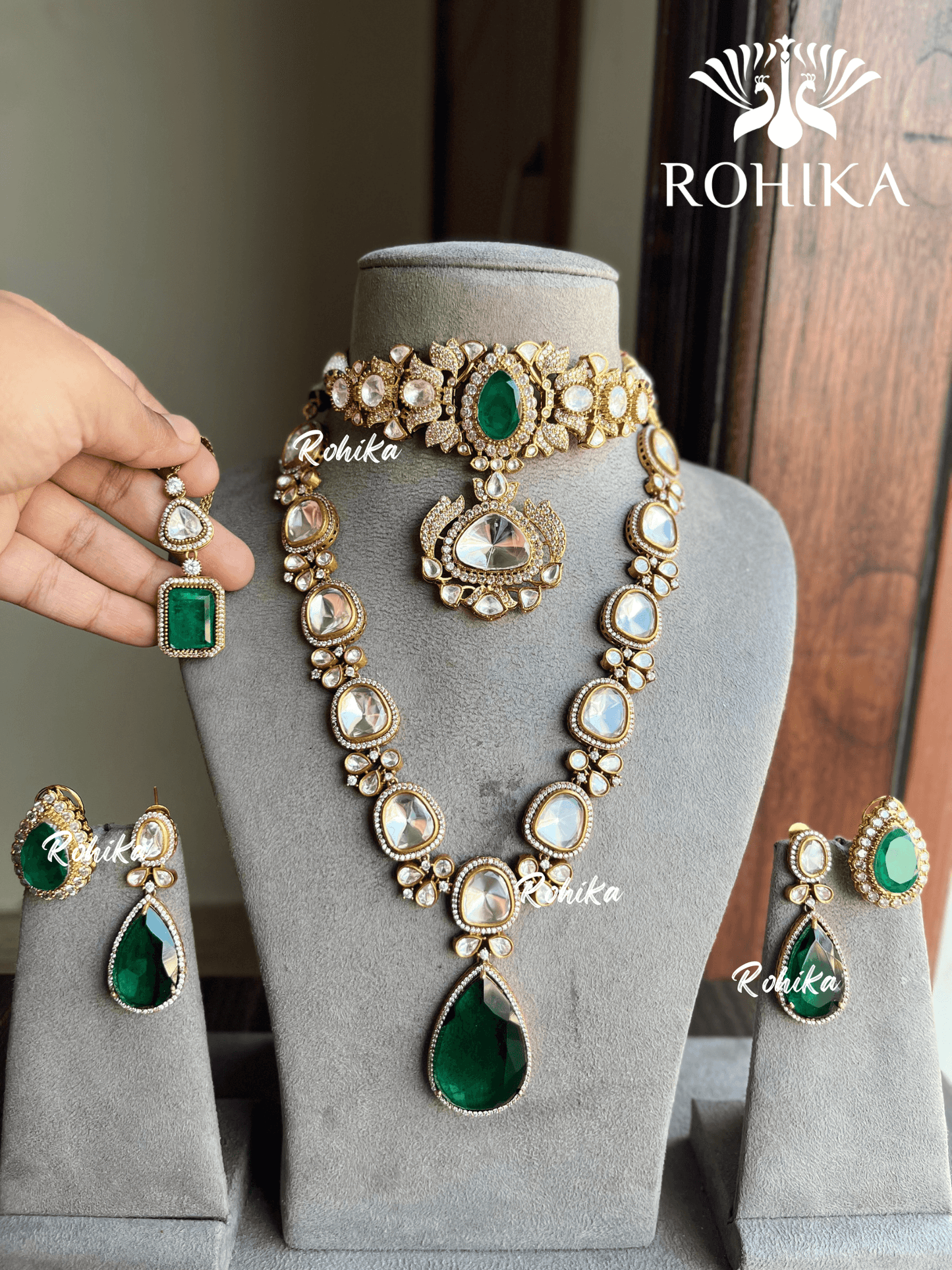 Laksha polki kundan combo set - Green - Rohika Store