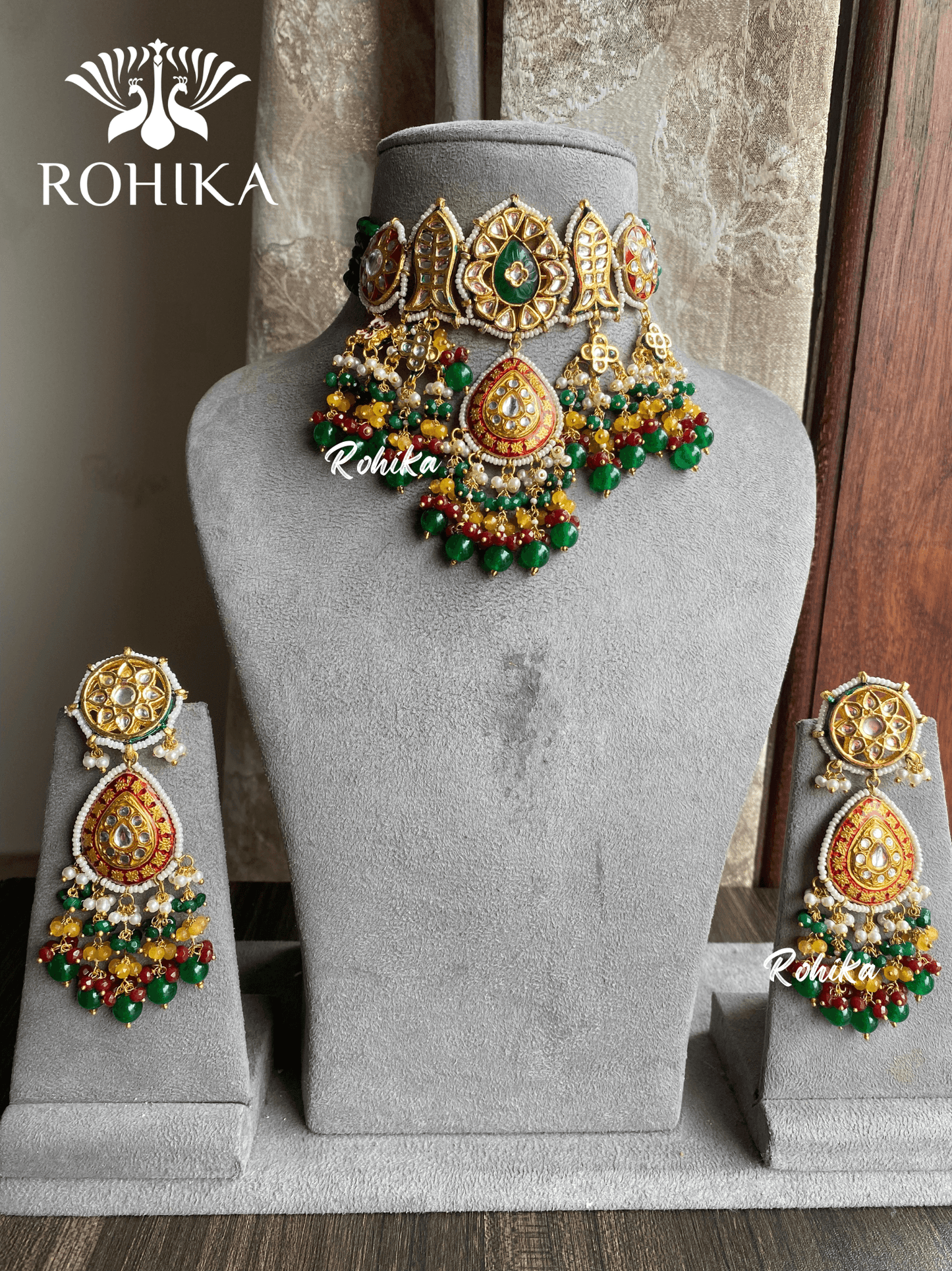 Kaya meenakari kundan choker set - Dark Green - Rohika Store