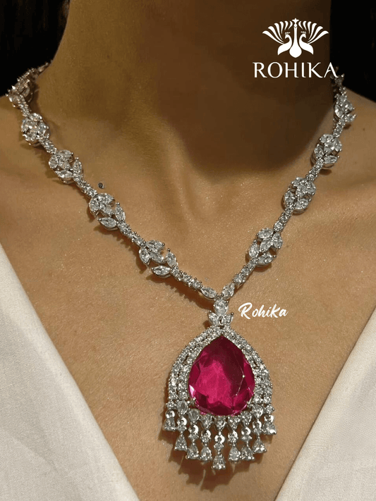 Piya american diamond necklace set - Red - Rohika Store