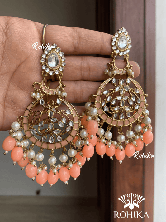 Kajal meenakari kundan earrings - Peach - Rohika Store