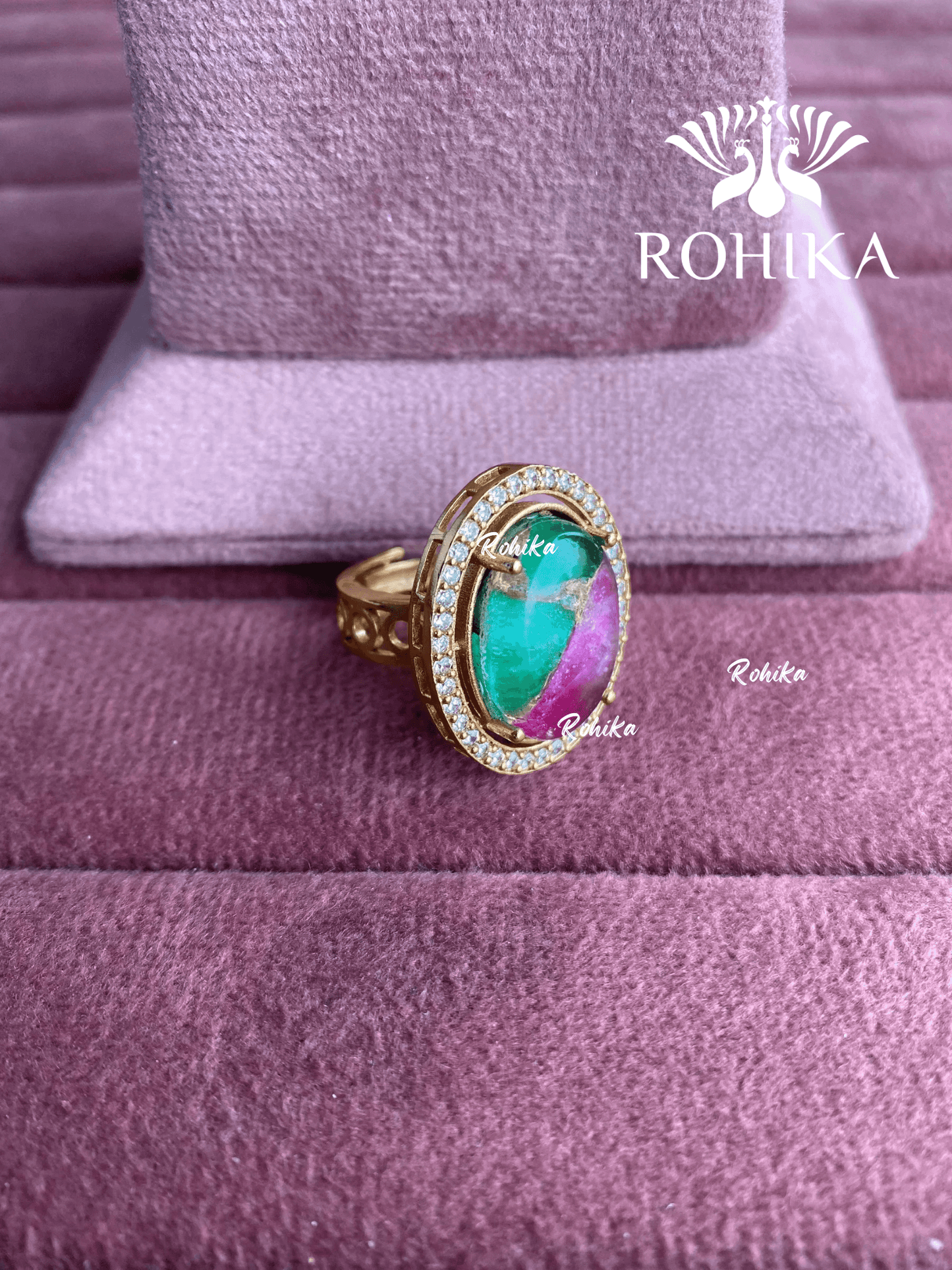 Angana polki kundan ring (SG-090) - Green & pink - Rohika Store