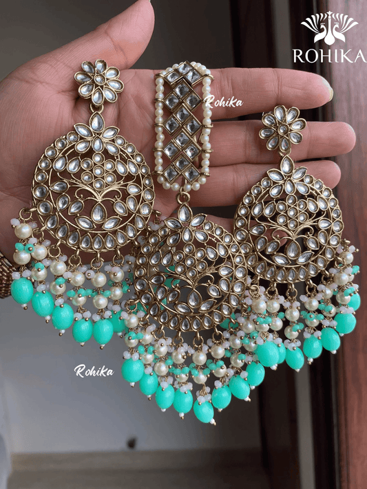 Sapna earrings and maangtikka combo - Mint Green - Rohika Store