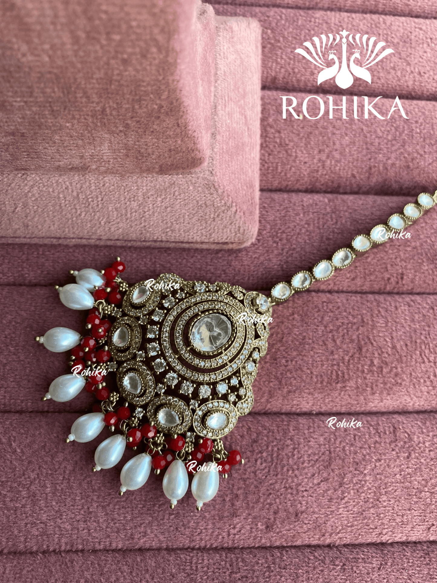 Polki kundan maangtikka (PLKM-060) - White & red - Rohika Store