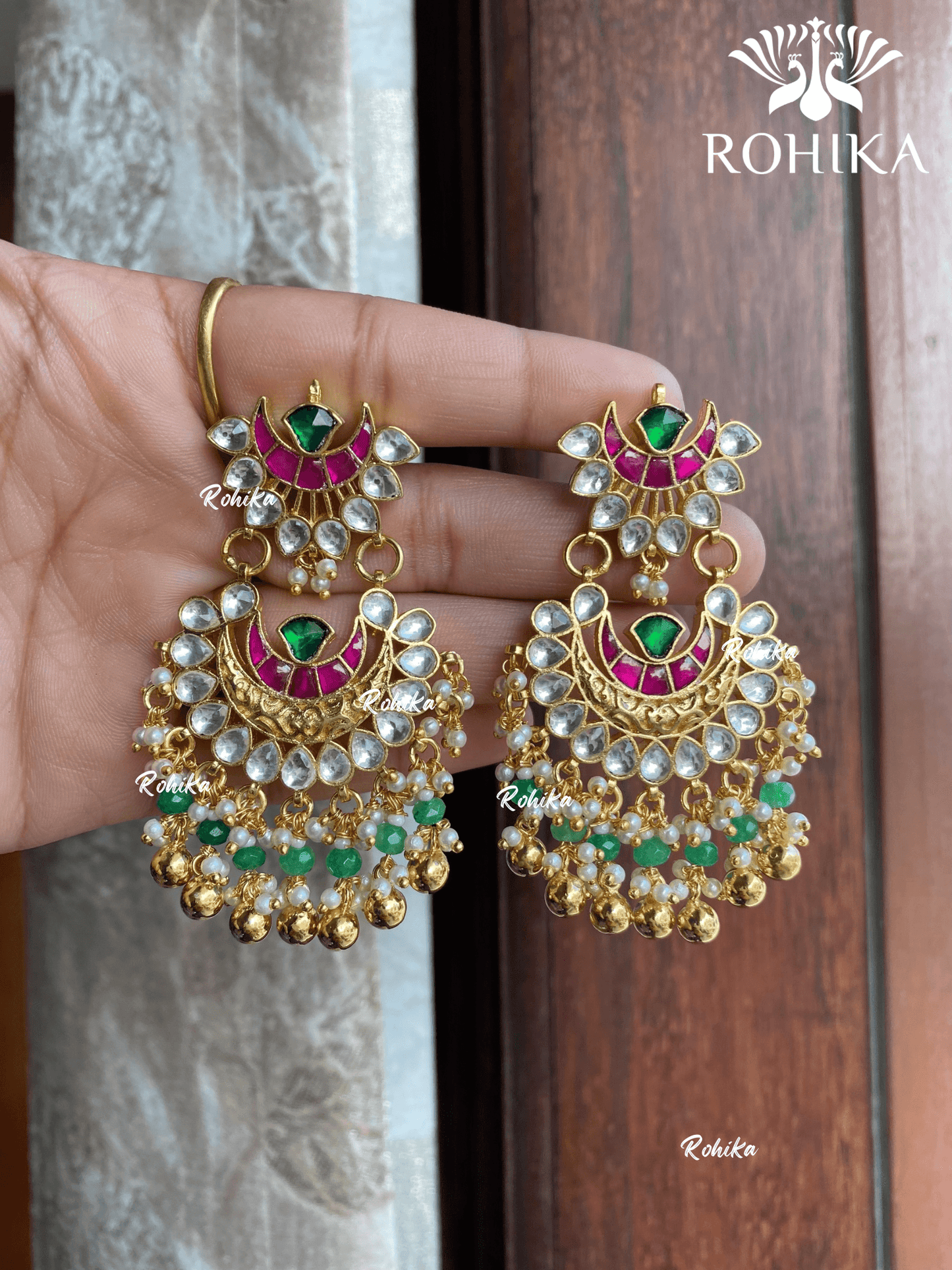 Parini pachhi kundan earrings (PKJ013) - Pink & green - Rohika Store