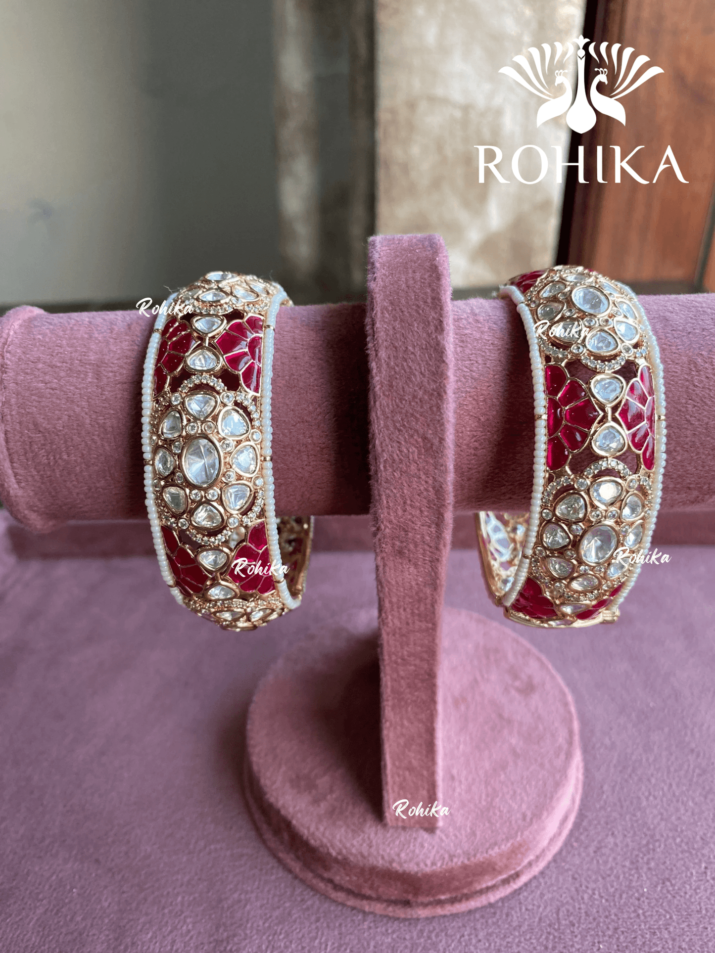 Leela moisanite polki kundan kada/bangles - Pink - Rohika Store