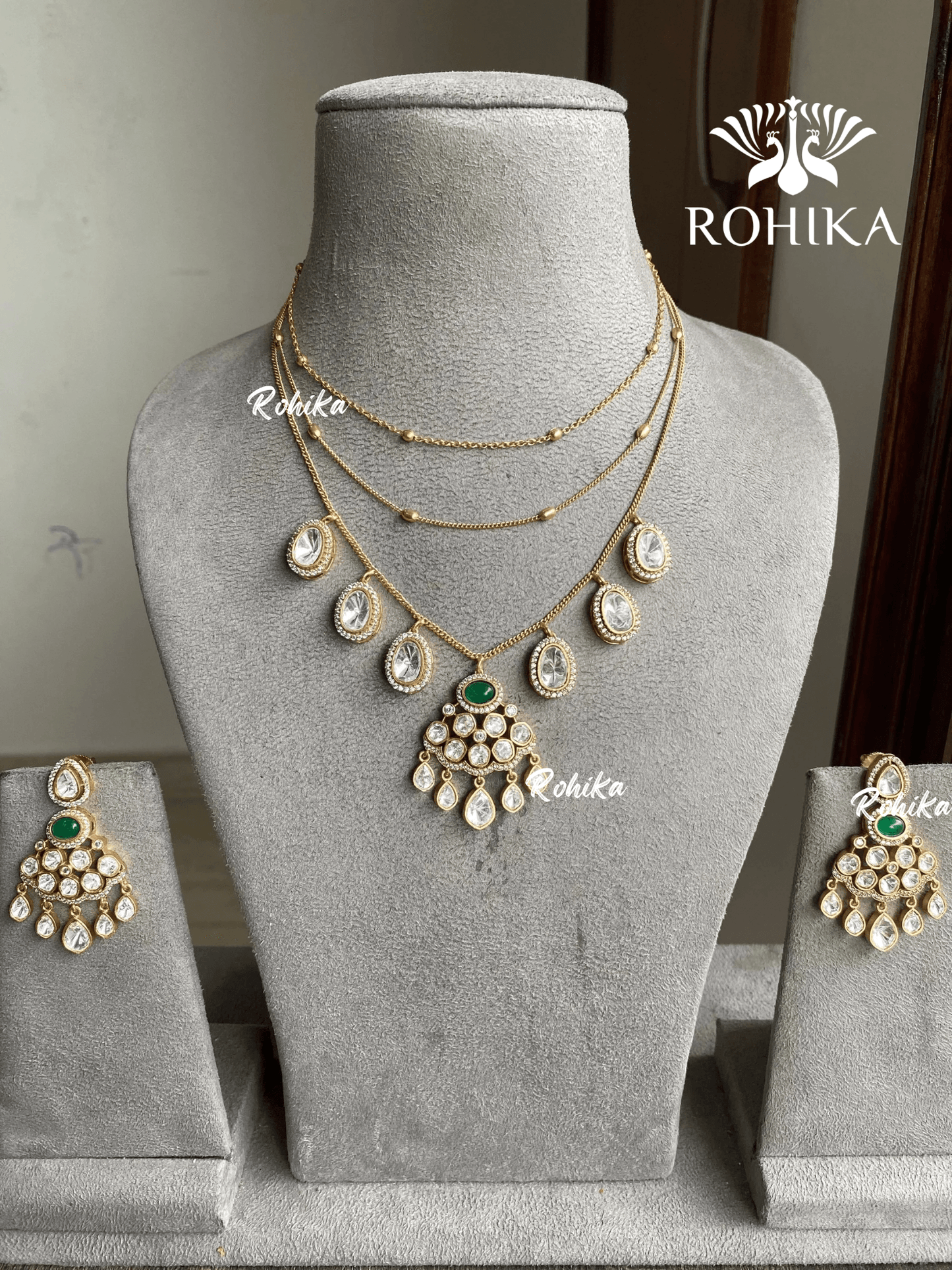 Divisha polki kundan necklace set - Green - Rohika Store