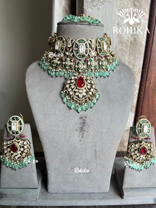 Apeksha Polki Kundan Necklace Set - Mint green