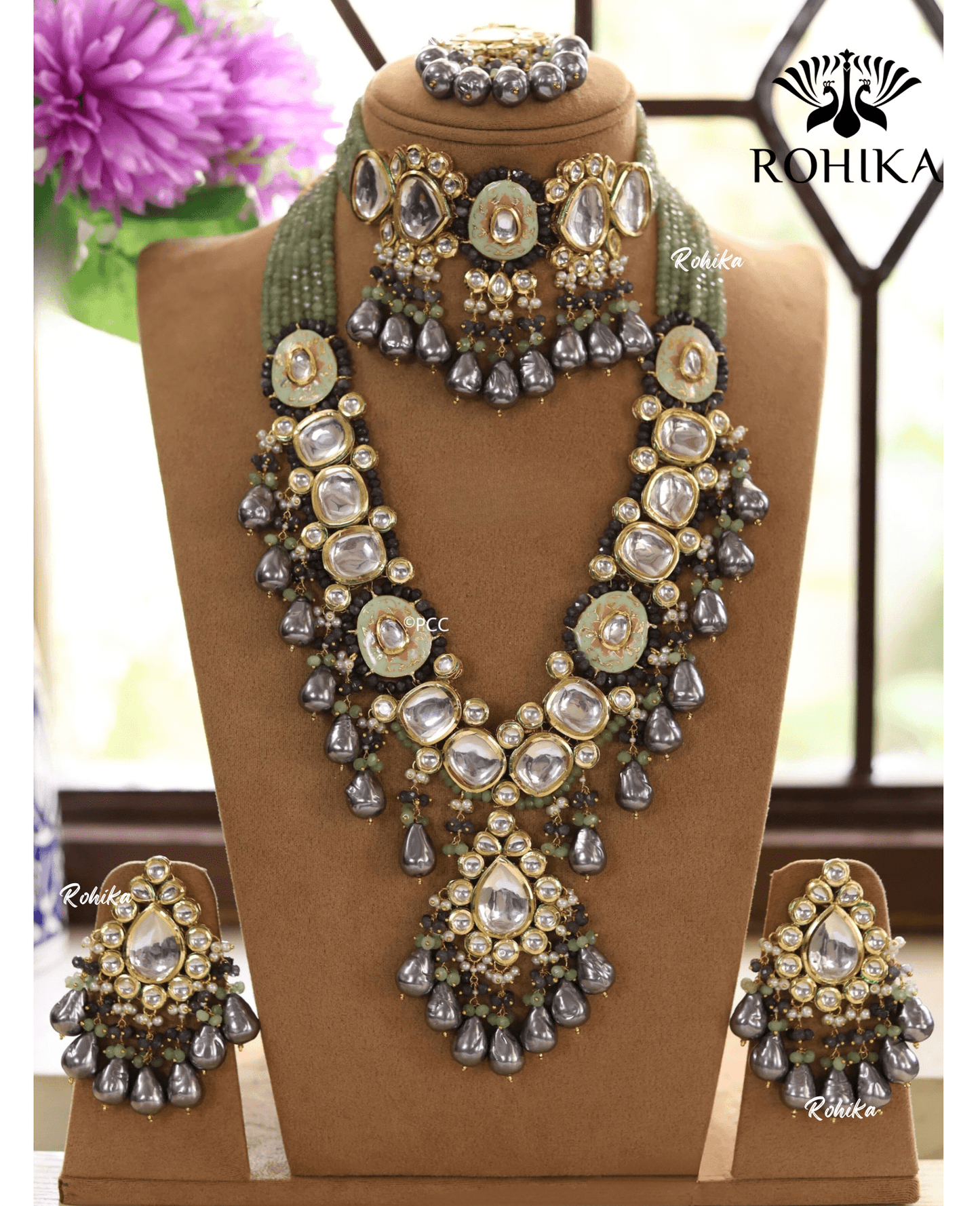 Kalee meenakari kundan bridal combo set - Grey and Mehandi green - Rohika Store