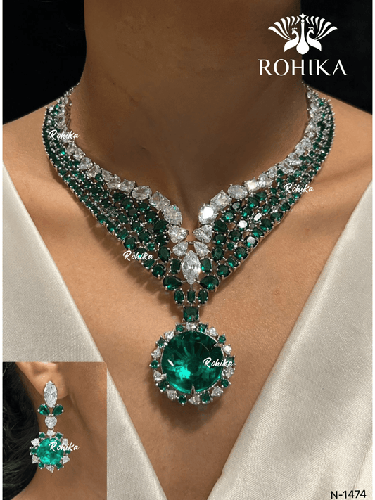 American diamond necklace set (ADN -011) - Green - Rohika Store