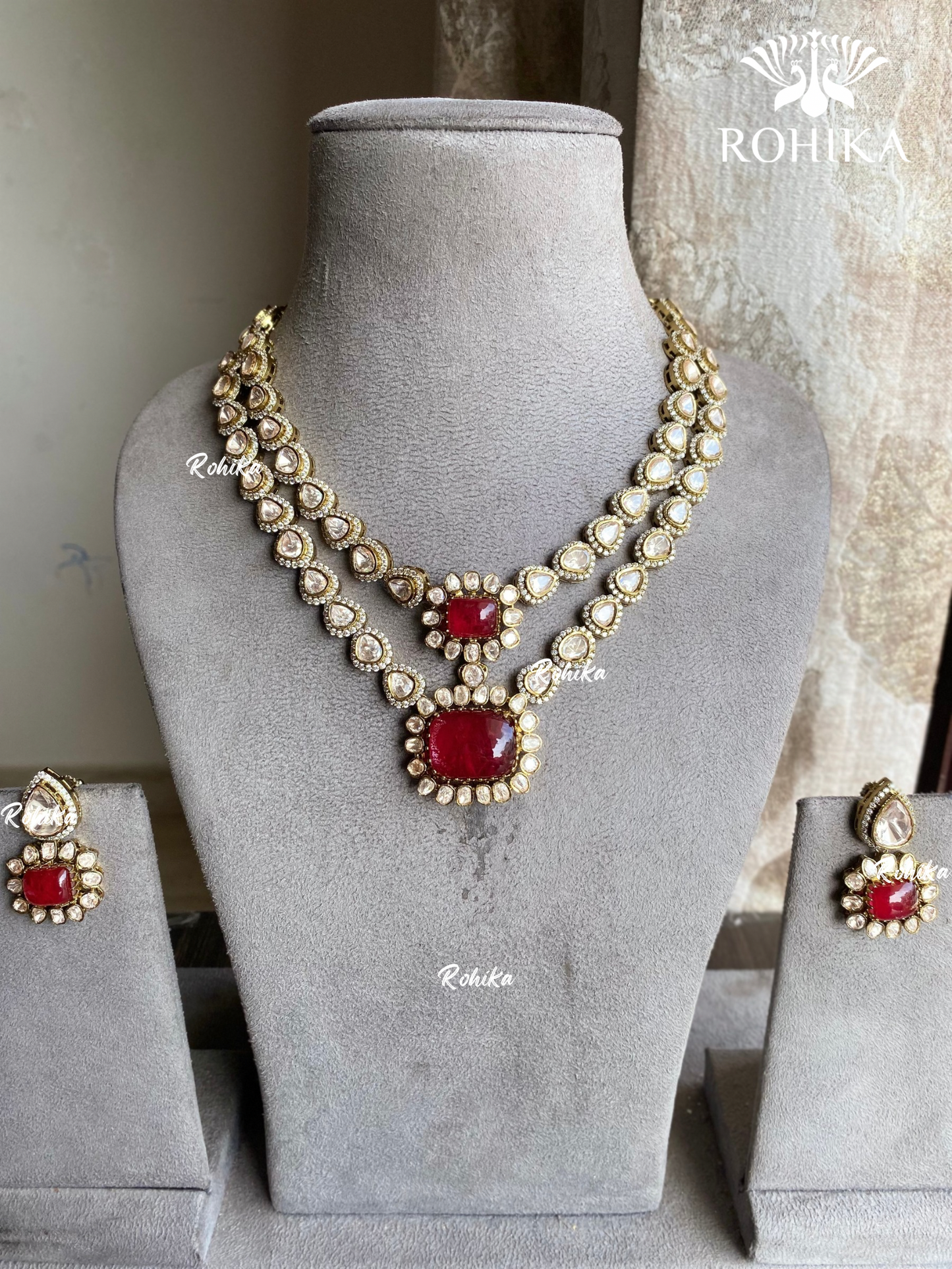 Deva Moisanite Necklace set - Red - Rohika Store