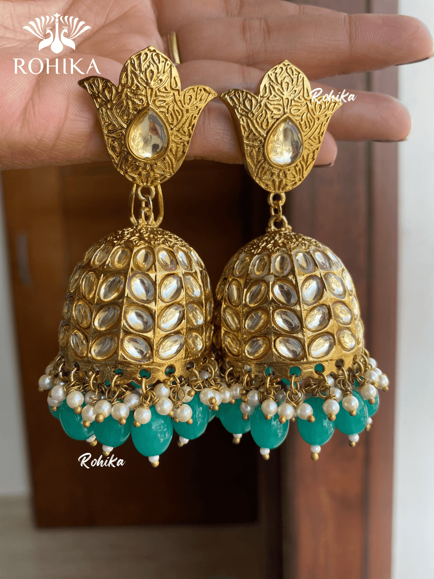 Siya kundan jhumkas- Dark green - Rohika Store