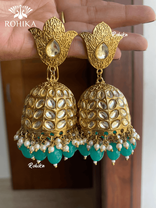 Siya kundan jhumkas- Dark green - Rohika Store