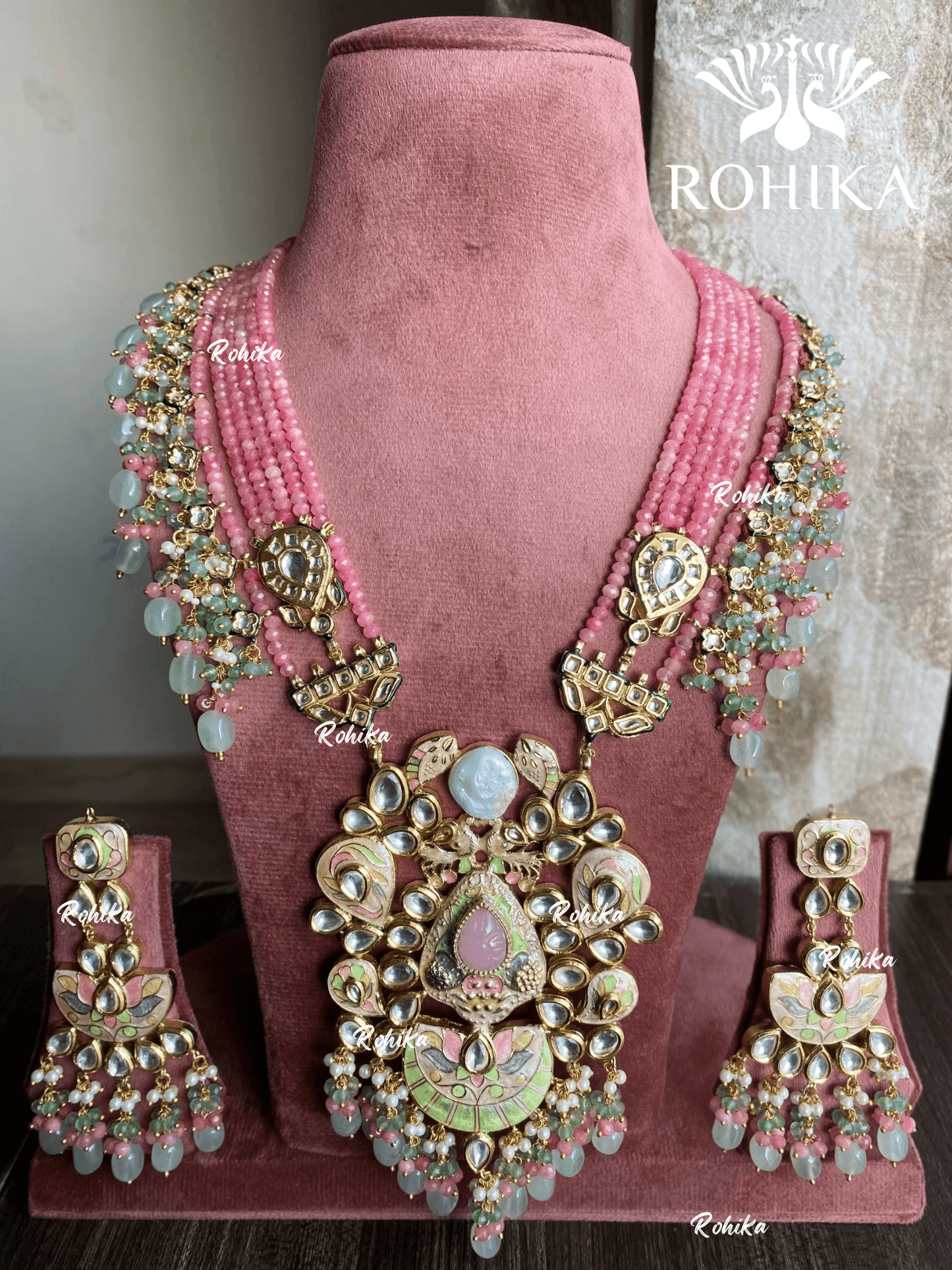 Divya meenakari kundan long necklace set - Pink & mint green - Rohika Store