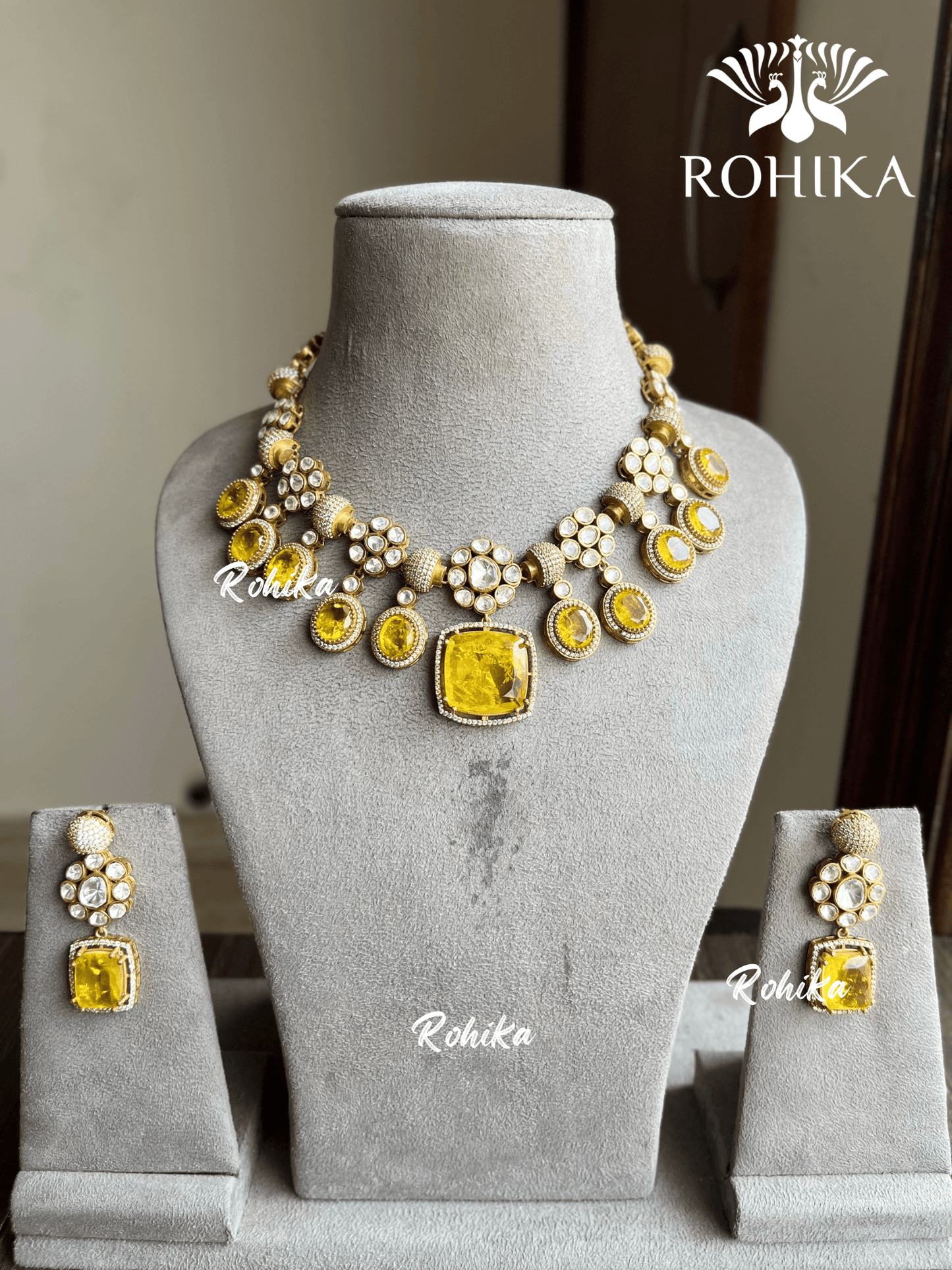 Ananya doublet kundan necklace set - Yellow - Rohika Store