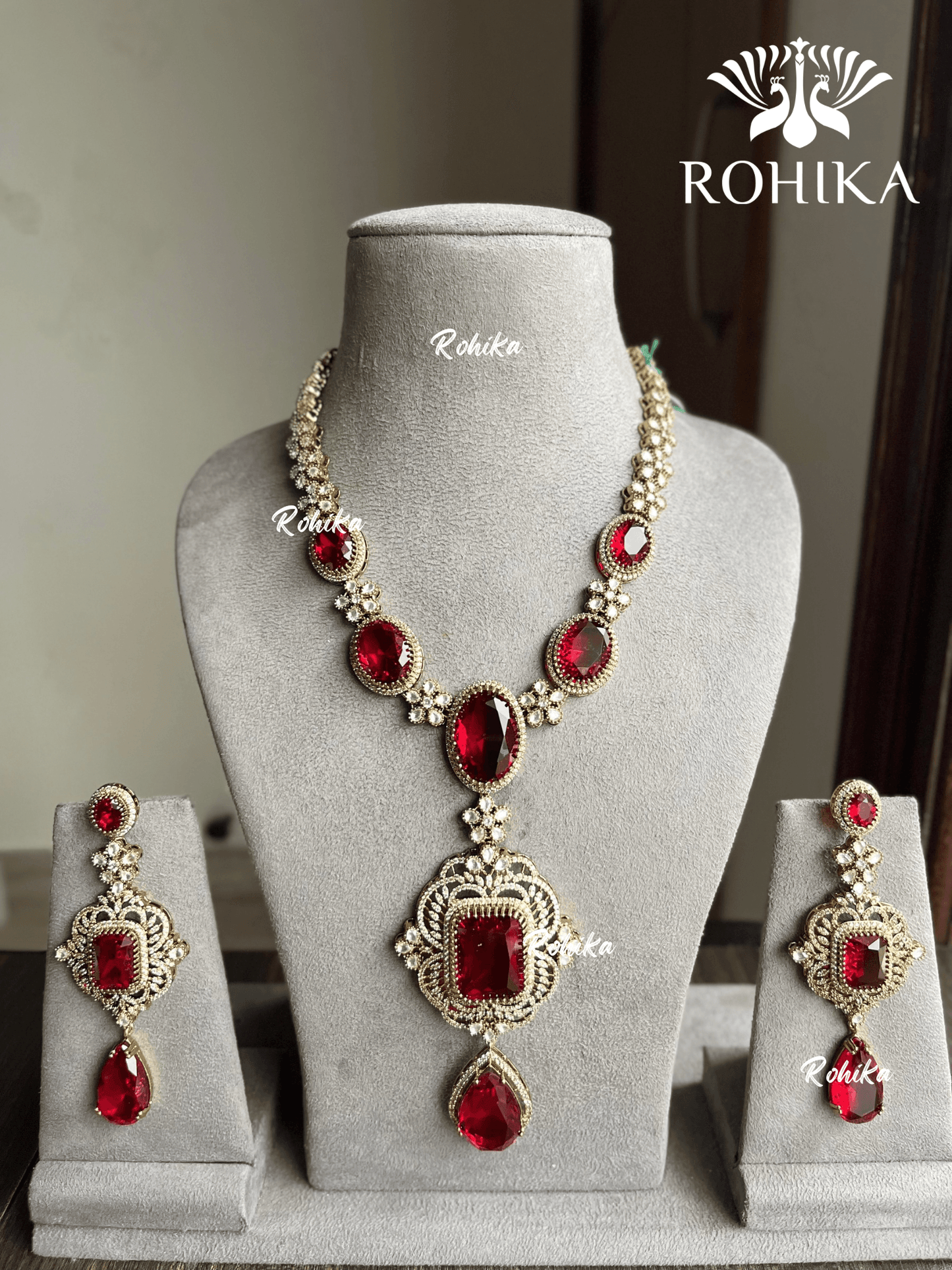 Gulaal polki kundan necklace set - Red - Rohika Store