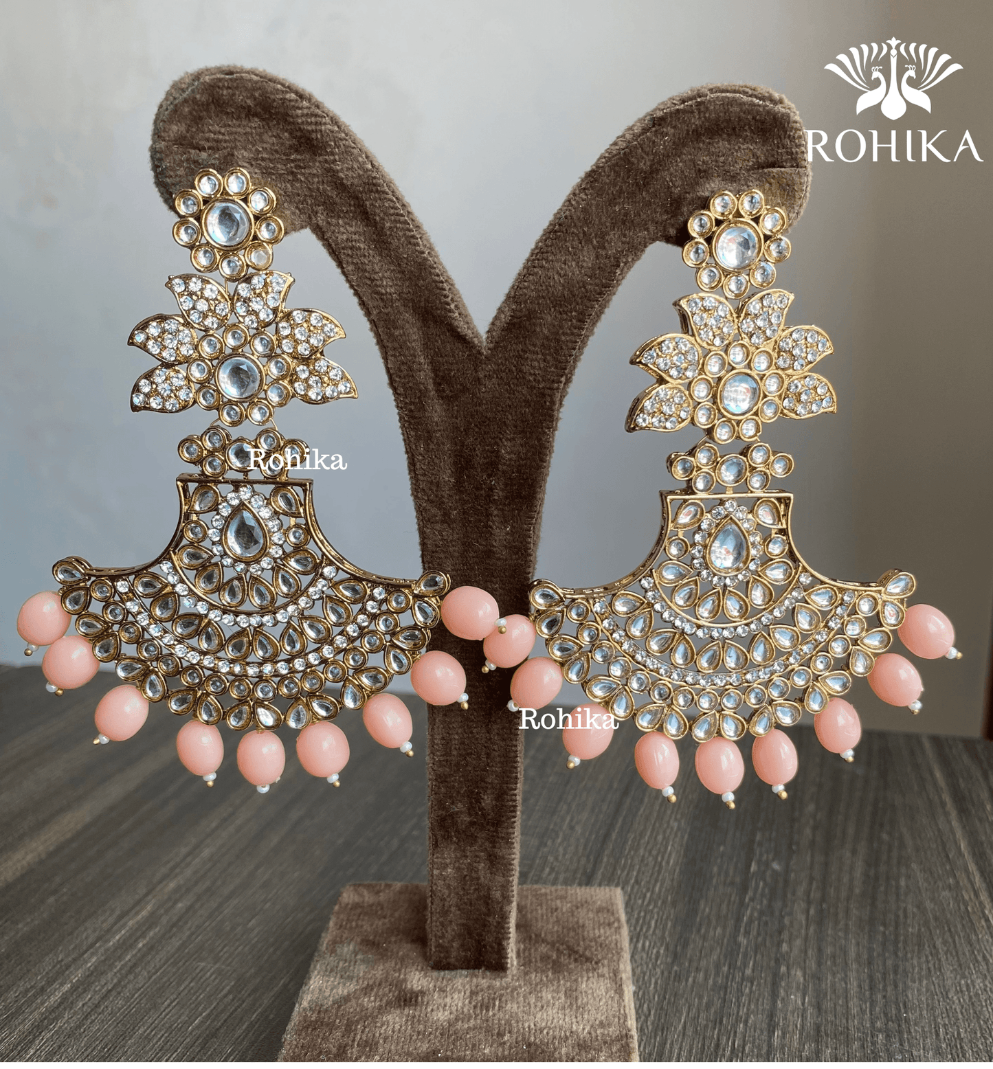 Sparkle chandbali earrings - Peach - Rohika Store