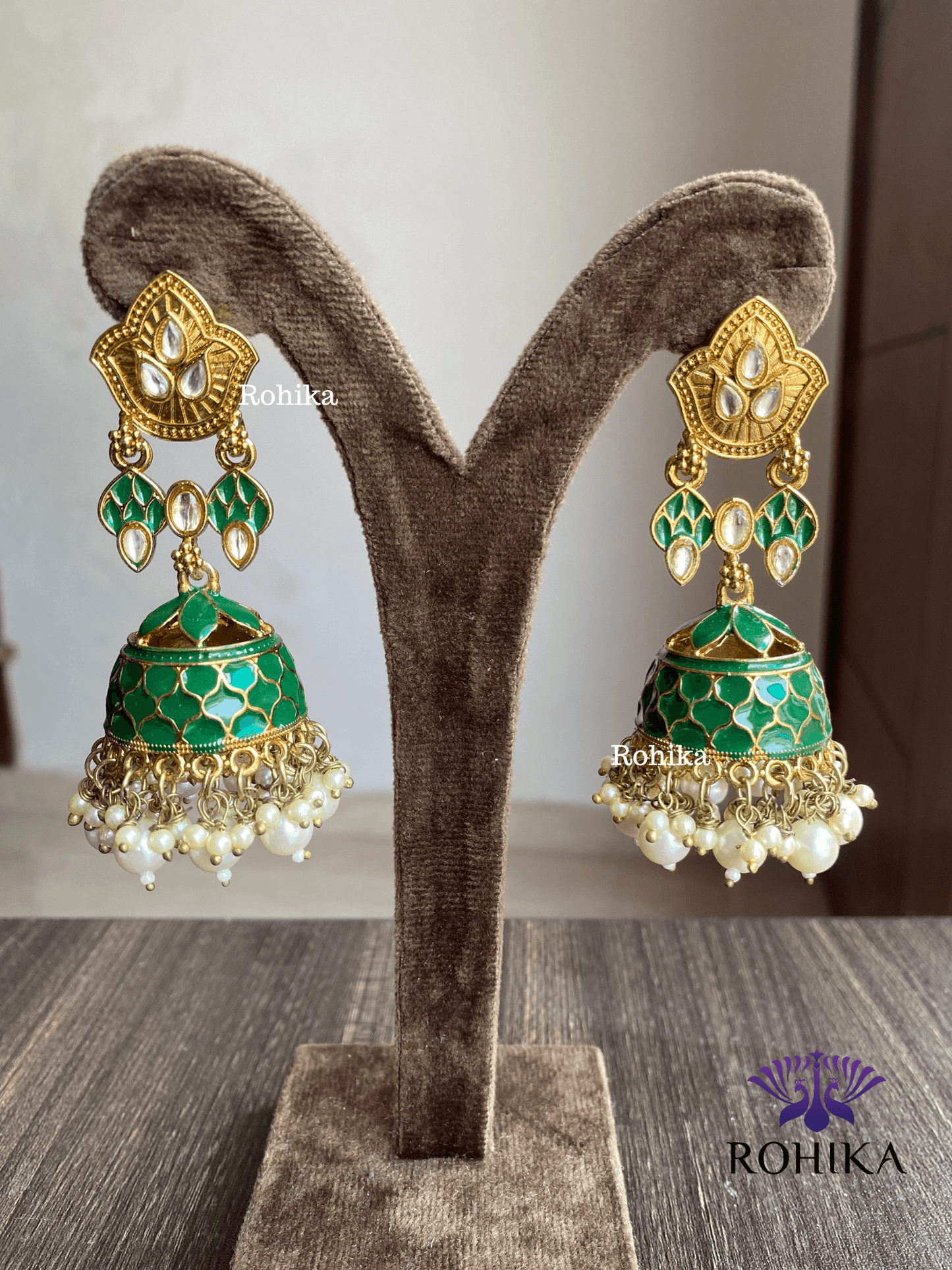 Blossom meenakari jhumka - Dark Green - Rohika Store
