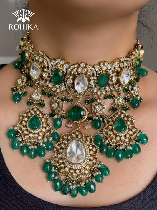 Falak Moisanite Polki Kundan Necklace Set - Green