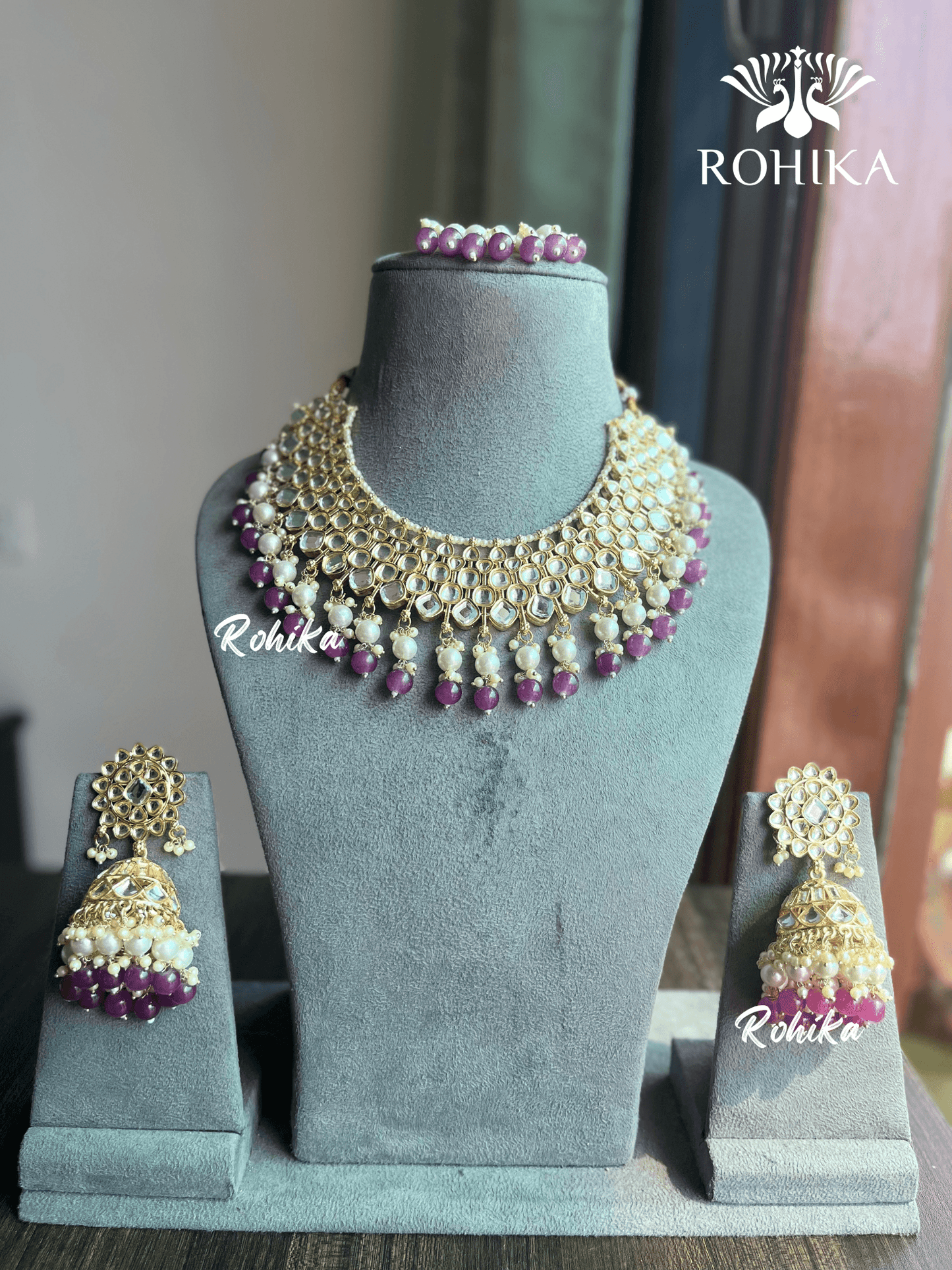 Payal dabi Kundan necklace set - Magenta - Rohika Store