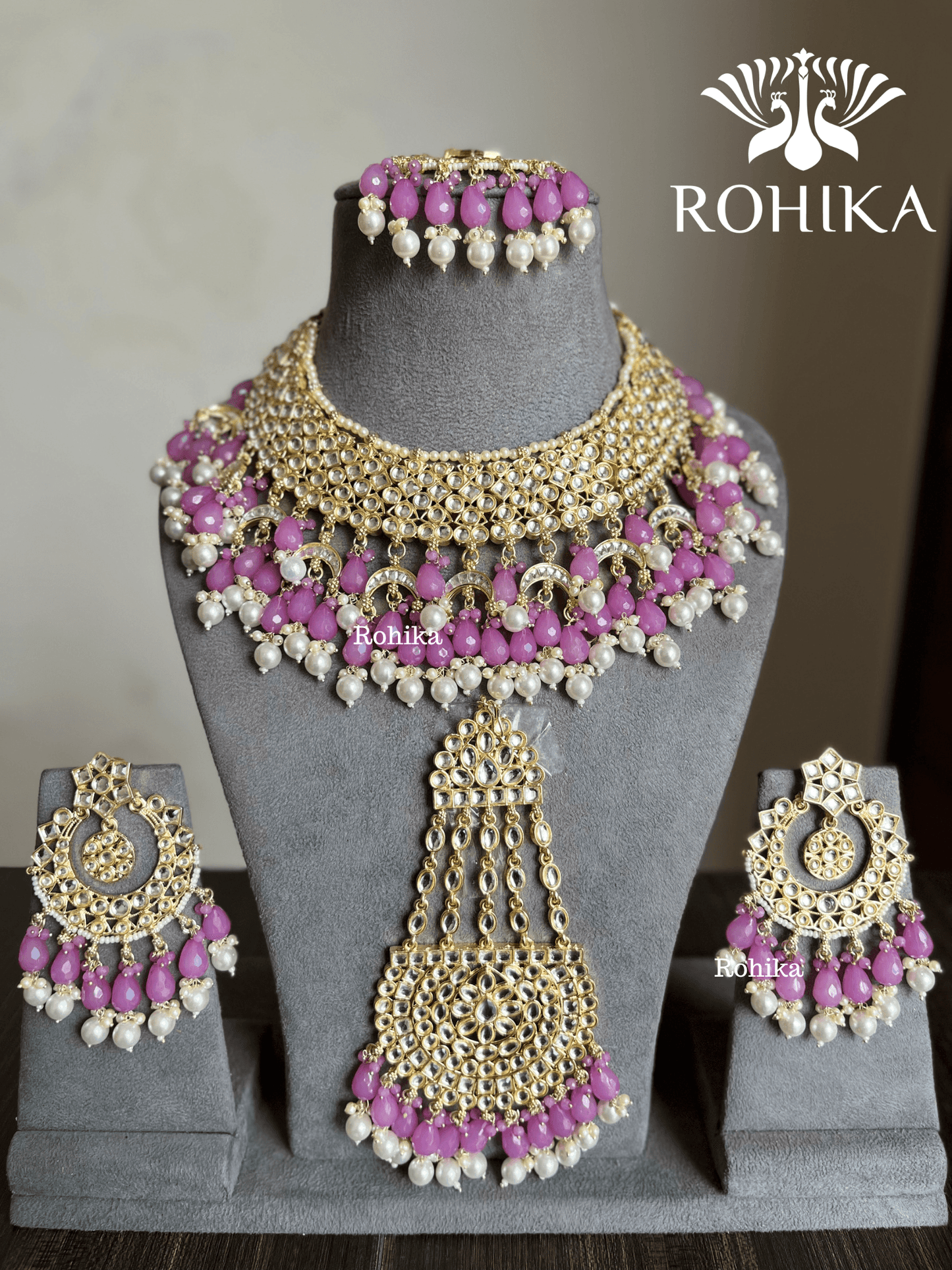 Shaheen Dabi Kundan bridal necklace set - Purple - Rohika Store