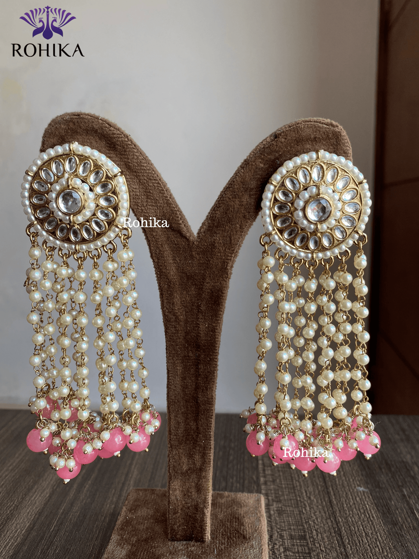 Pearl kundan earrings - Pink - Rohika Store