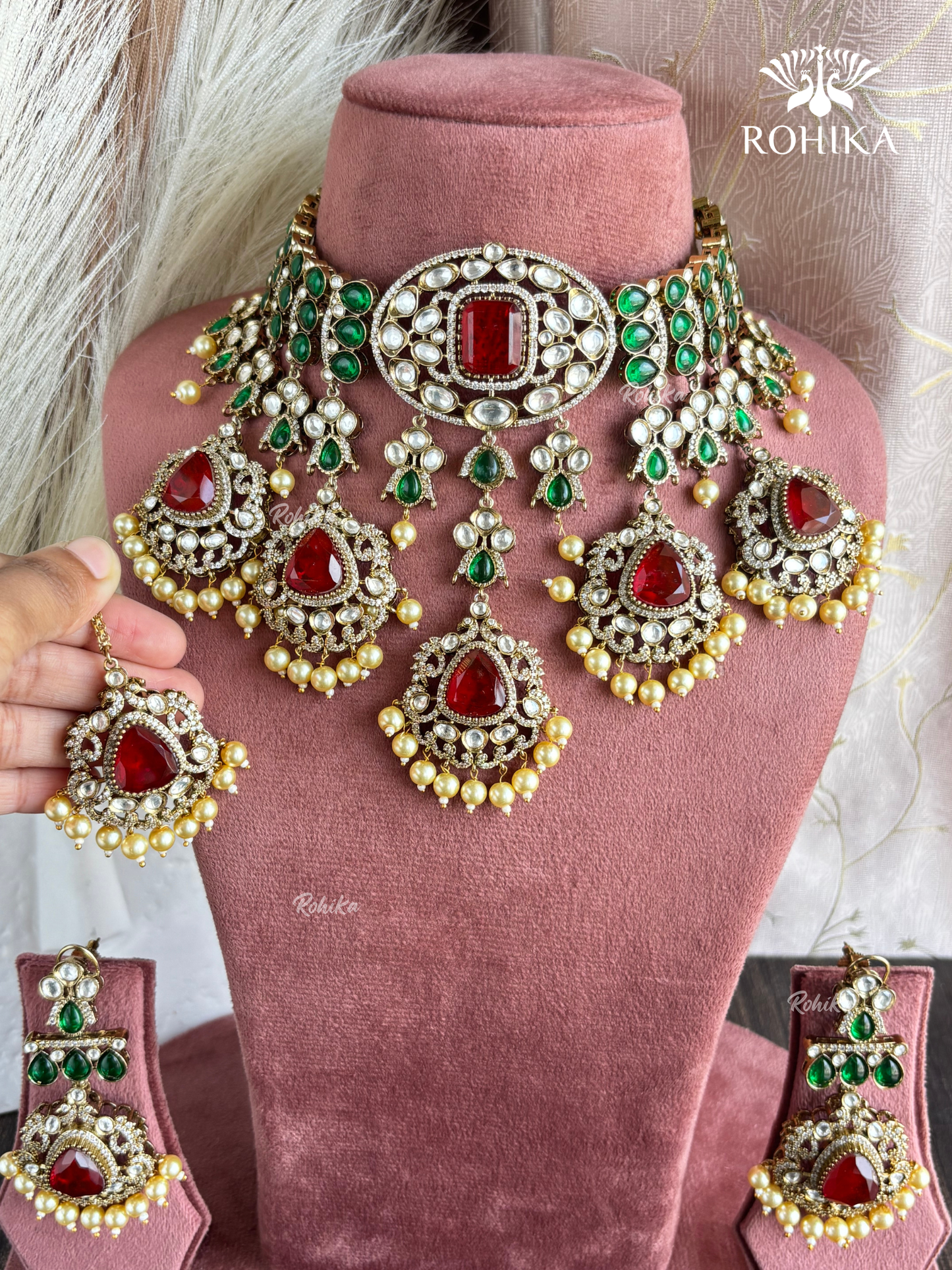 Tulsi Polki Kundan Bridal Necklace Set - Red