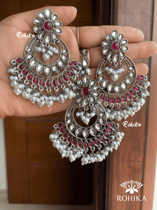 Shanti earrings and tikka combo - Meganta pink - Rohika Store