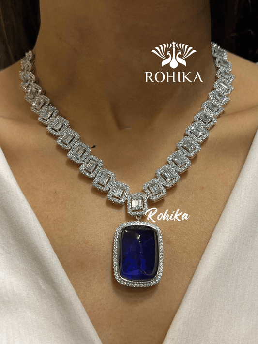 Olive american diamond necklace set - Dark blue - Rohika Store
