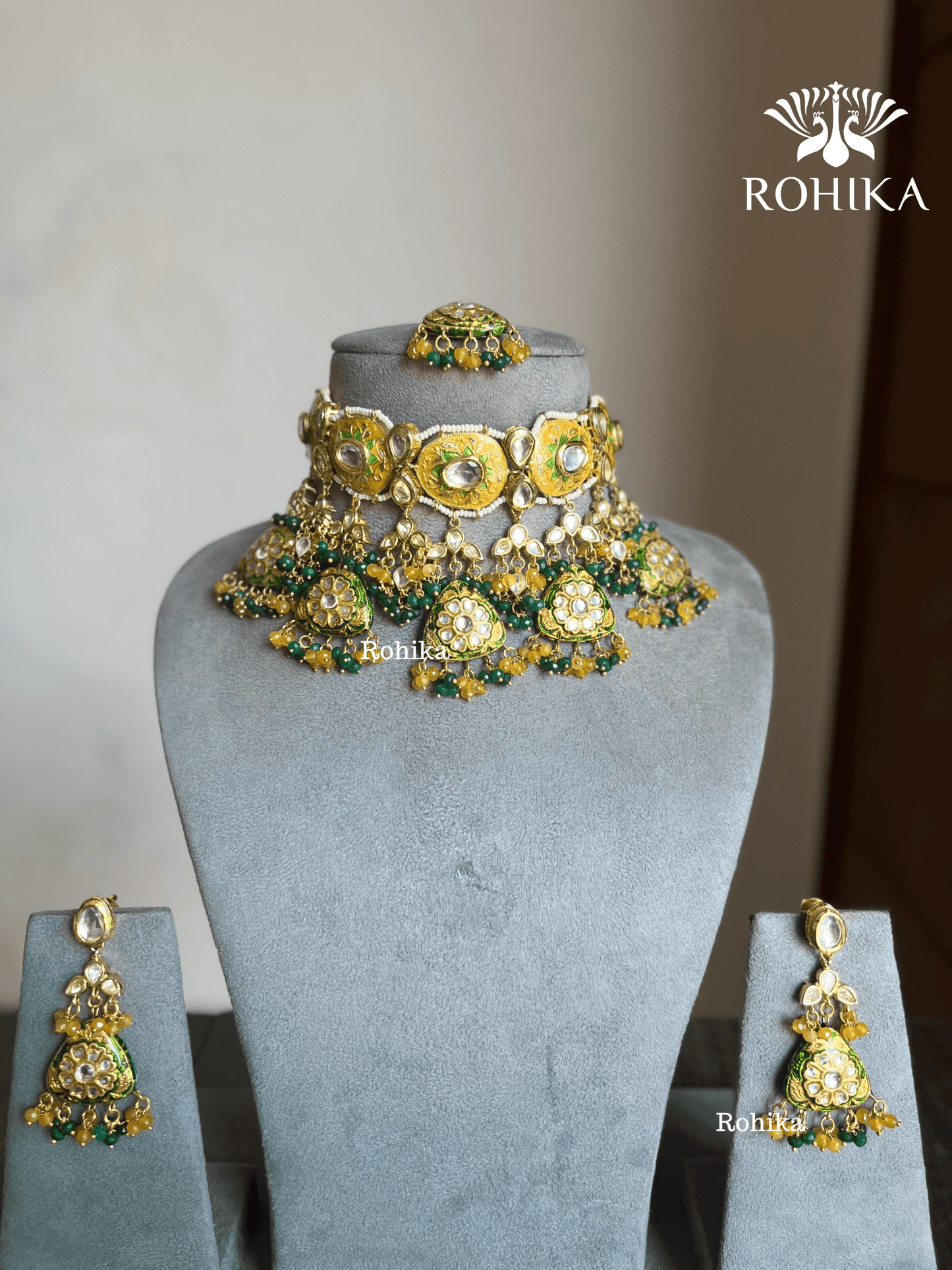 Aliya meenakari kundan necklace set - Yellow green - Rohika Store