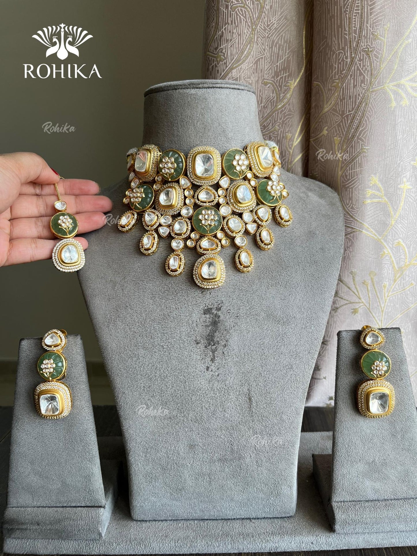 Ishq Moisanite Polki Kundan Necklace Set - Mint Green