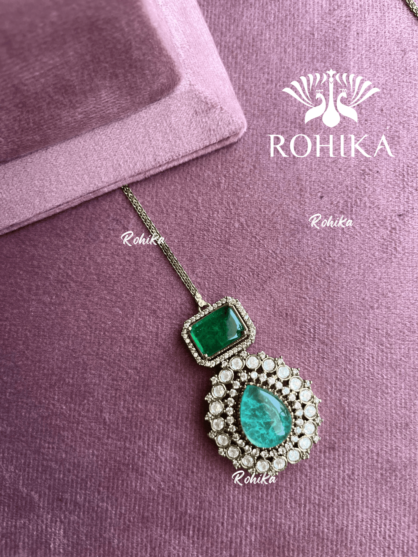 Lina doublet stone maangtikka - Mint Green and dark green - Rohika Store
