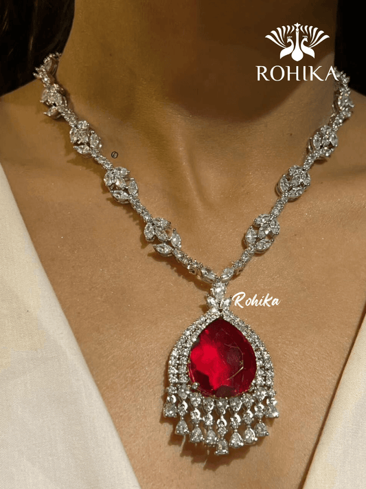 Piya american diamond necklace set - Red - Rohika Store