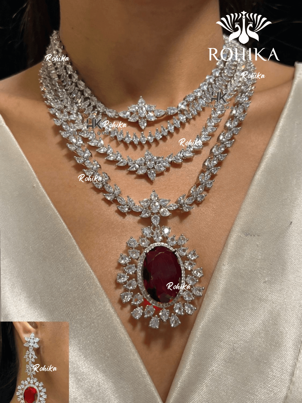American diamond necklace set (ADN -010) - Red - Rohika Store