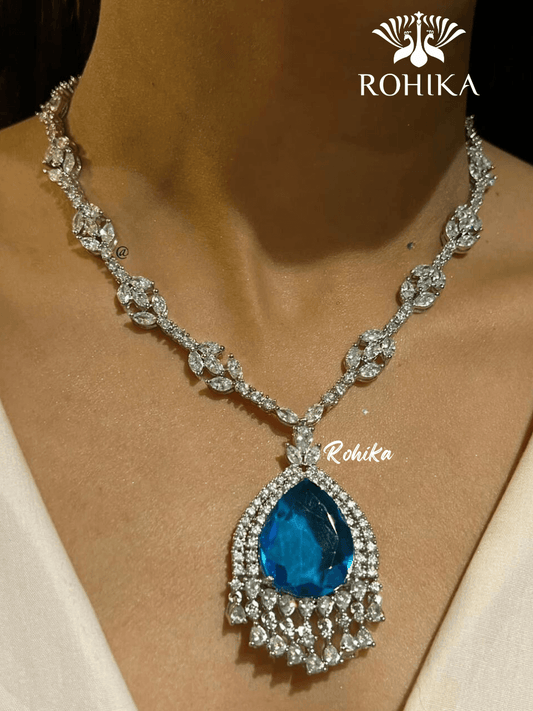 Piya american diamond necklace set - Blue - Rohika Store