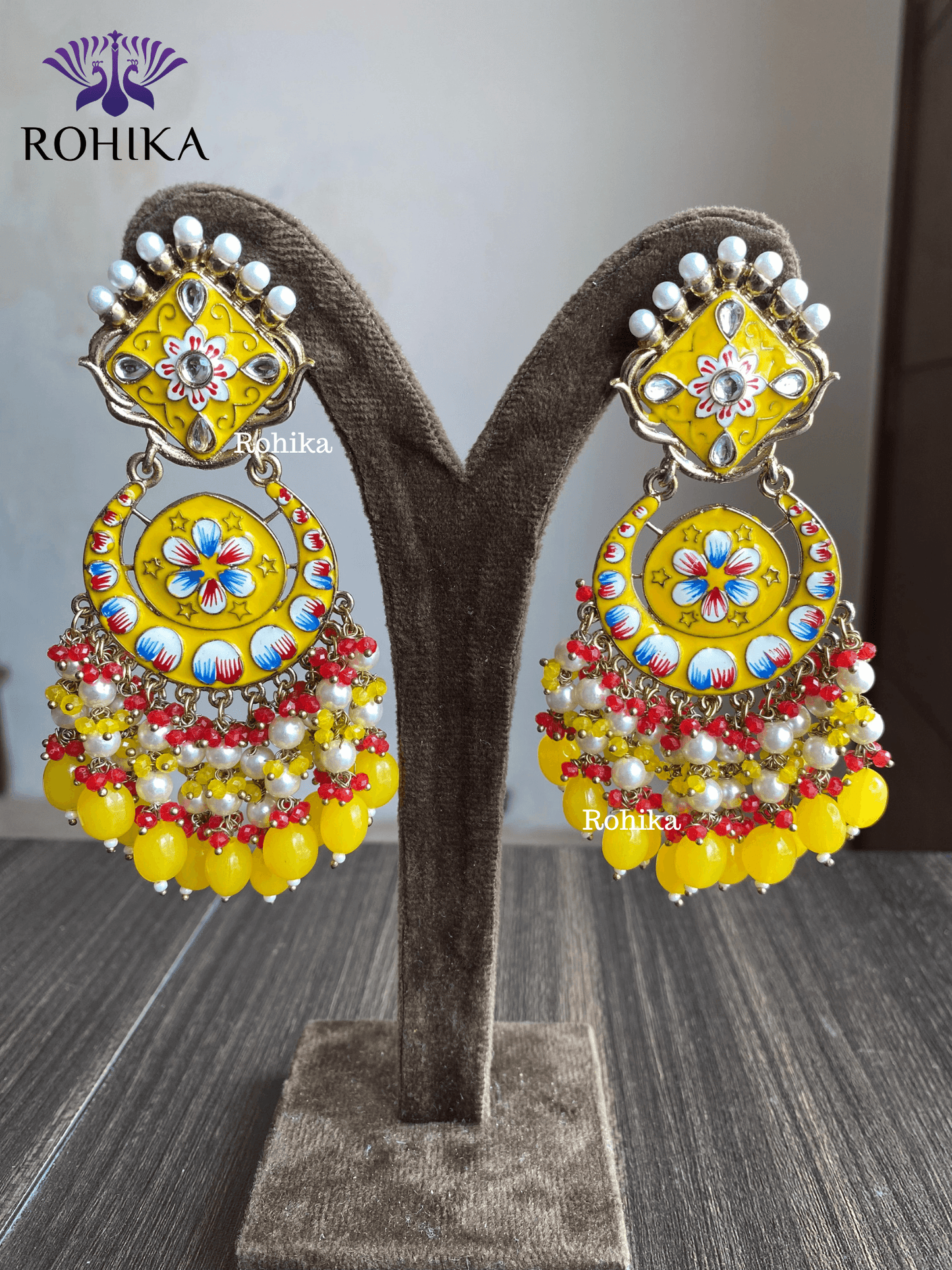 Rashmi meenakari earrings - Yellow - Rohika Store