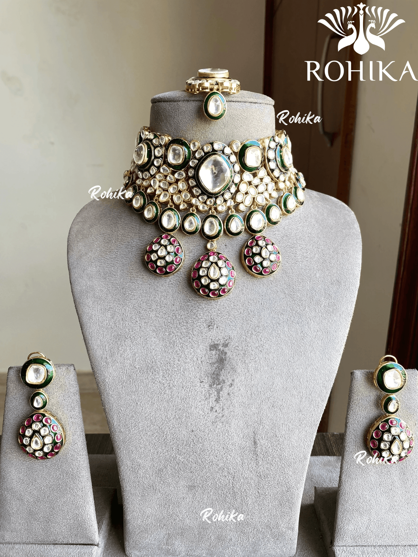 Kaya kundan necklace set - Green - Rohika Store