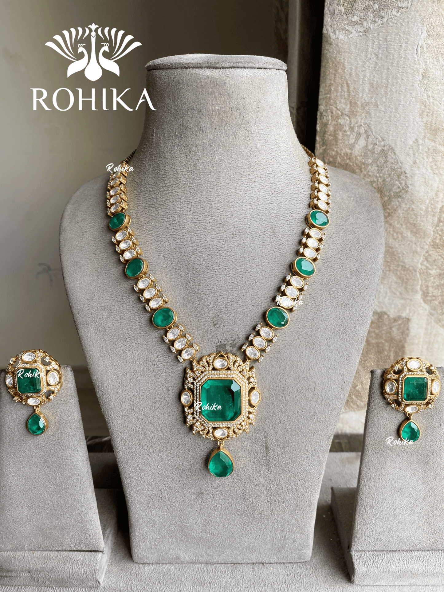 Mohini polki kundan necklace set - Green - Rohika Store