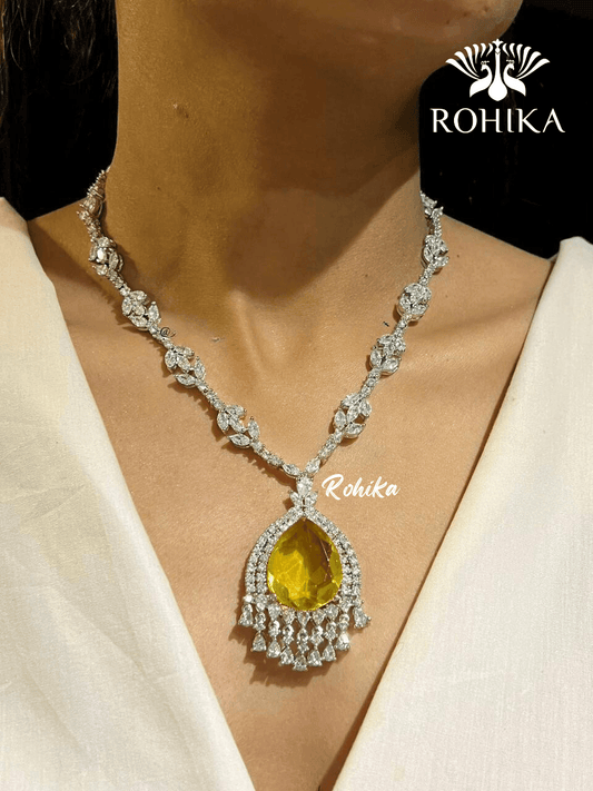 Piya american diamond necklace set - Yellow - Rohika Store