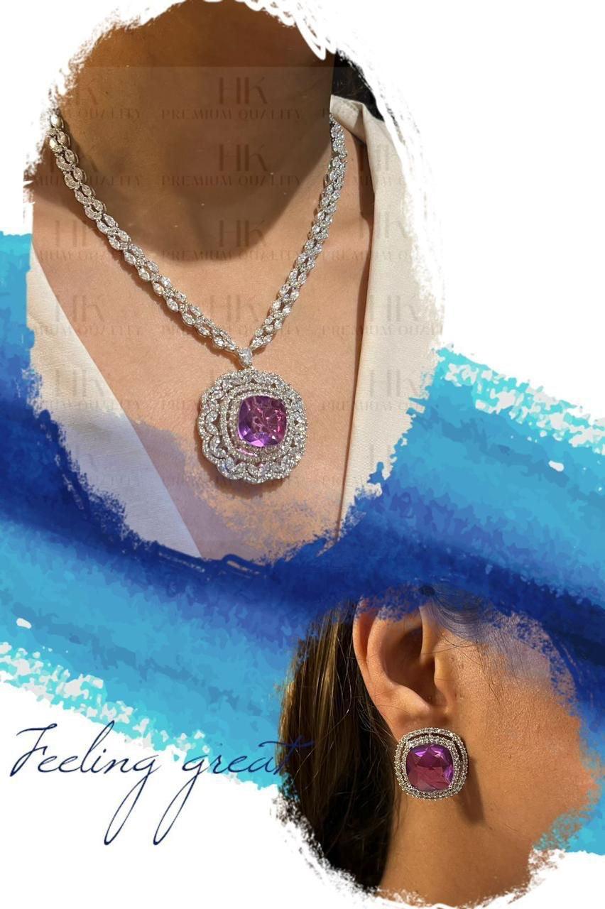 Sofiya american diamond necklace set - Purple - Rohika Store