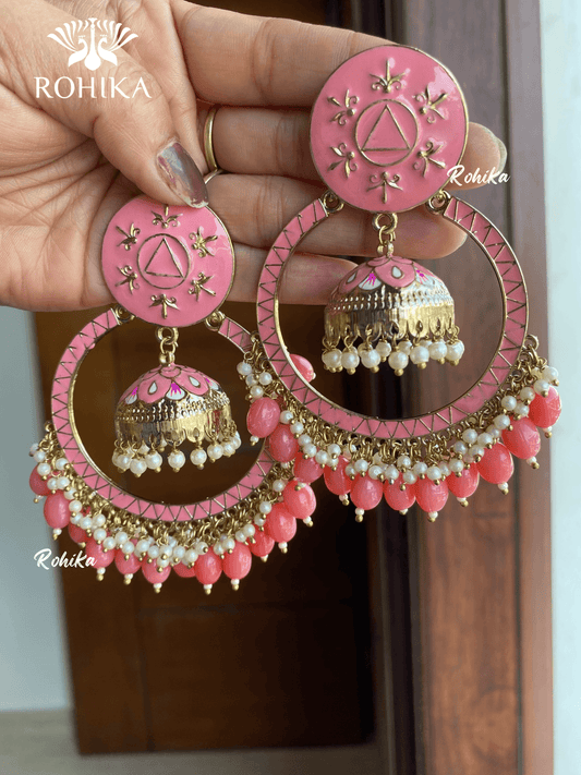 Sonal meenakari chandbali earrings- Pink - Rohika Store