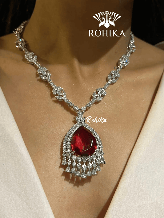 Piya american diamond necklace set - Red - Rohika Store