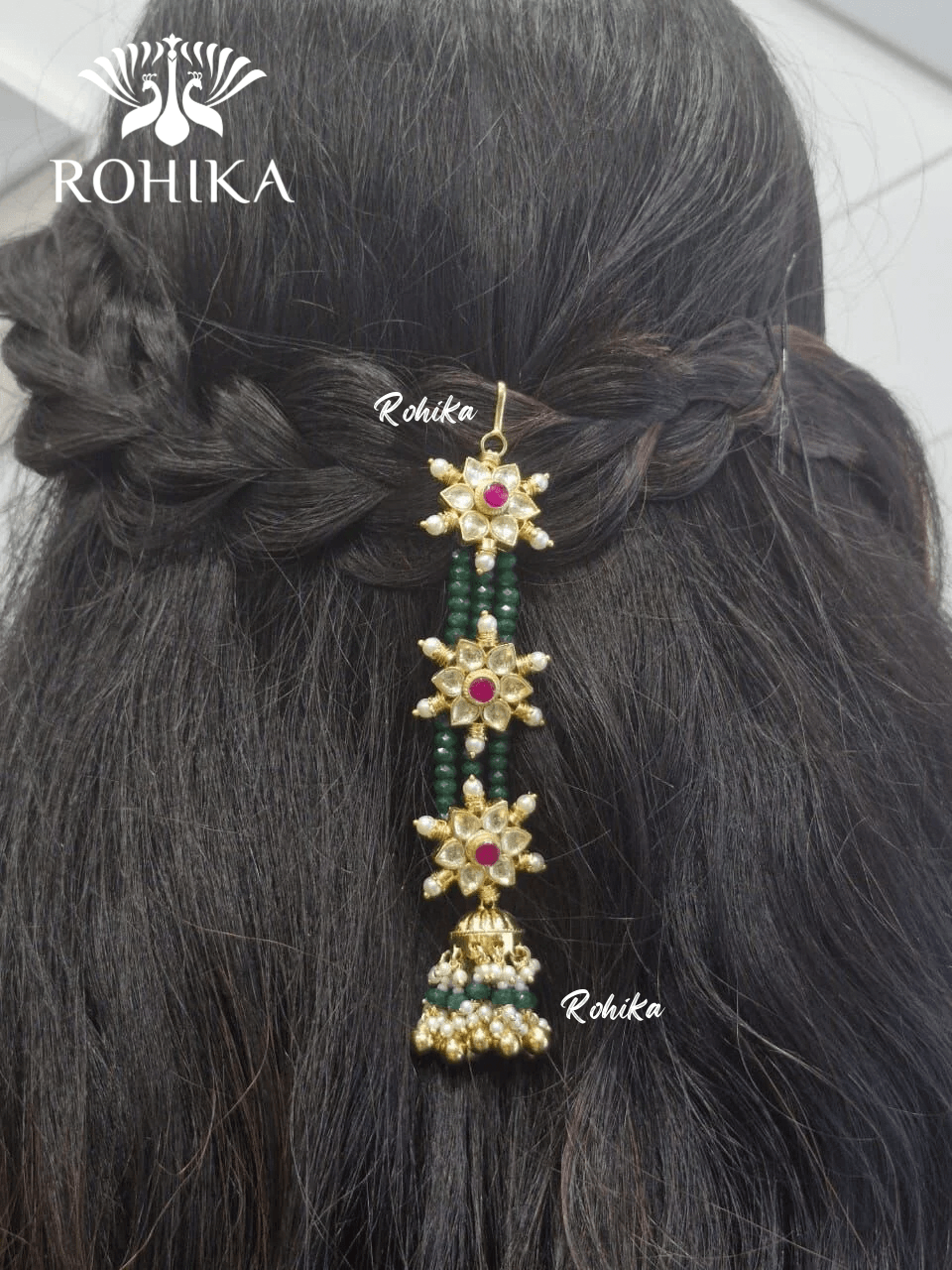 Pachhi kundan hair accessories - Green - Rohika Store