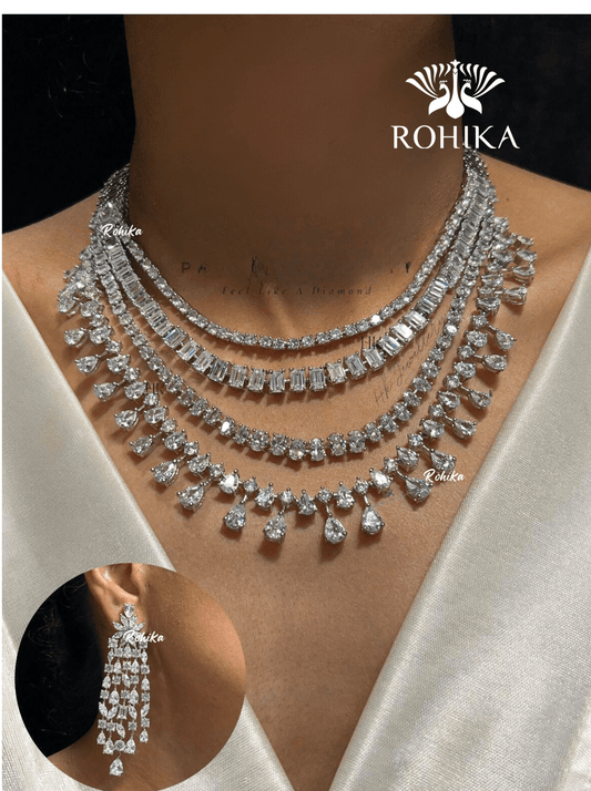 Millie american diamond necklace set - White - Rohika Store