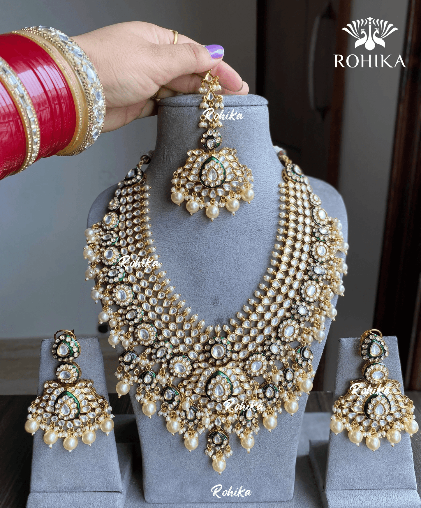 Aangan bikaneri polki kundan long necklace set - Dark Green - Rohika Store