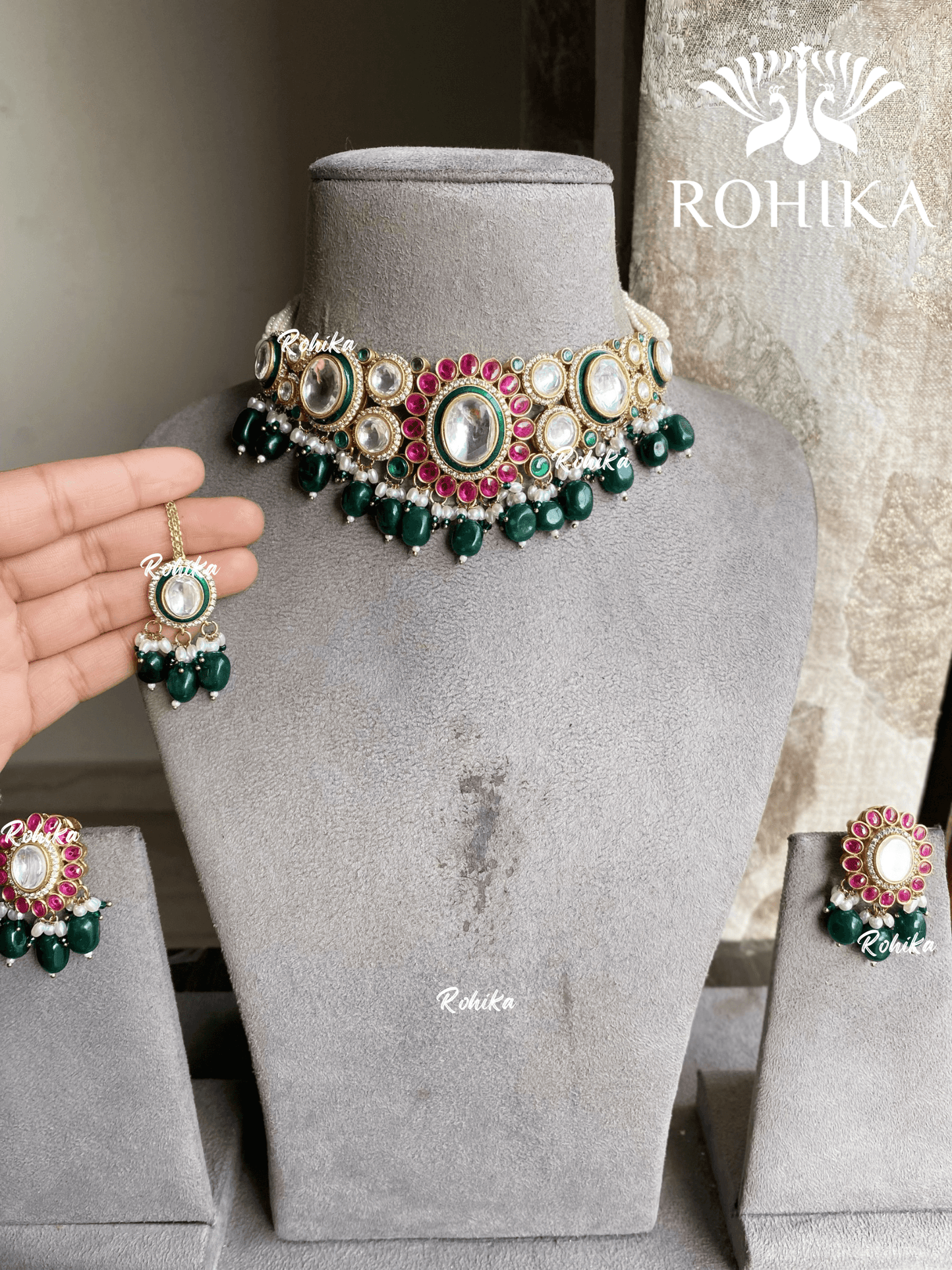Pragya polki kundan choker set - Dark Green - Rohika Store