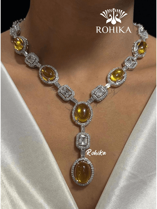Monica american diamond necklace set - Yellow - Rohika Store