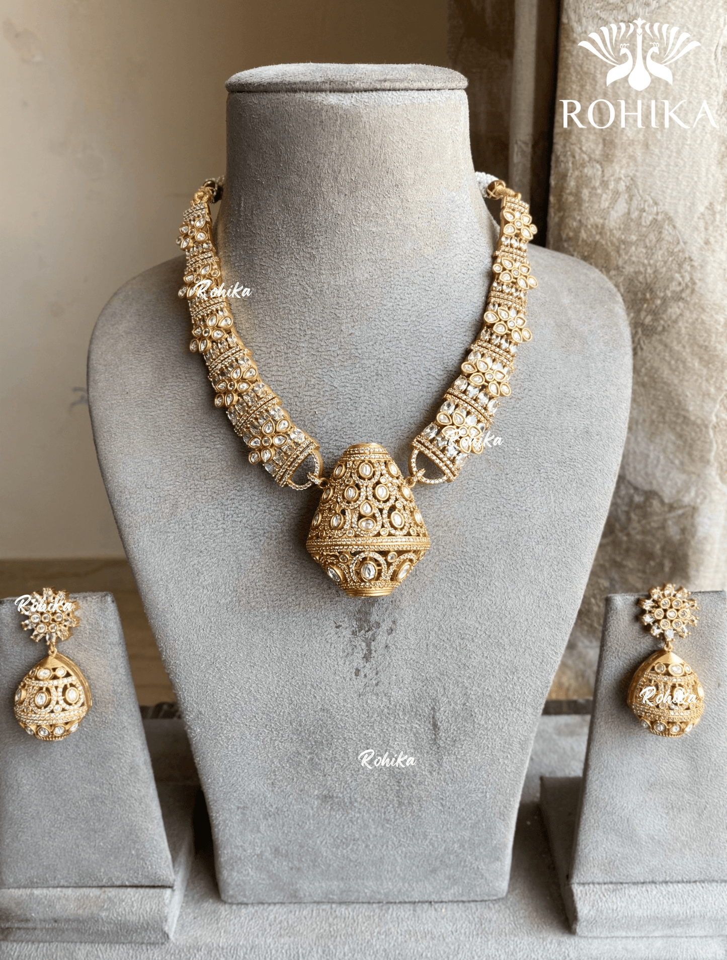 Arya polki kundan necklace set - White/Golden - Rohika Store